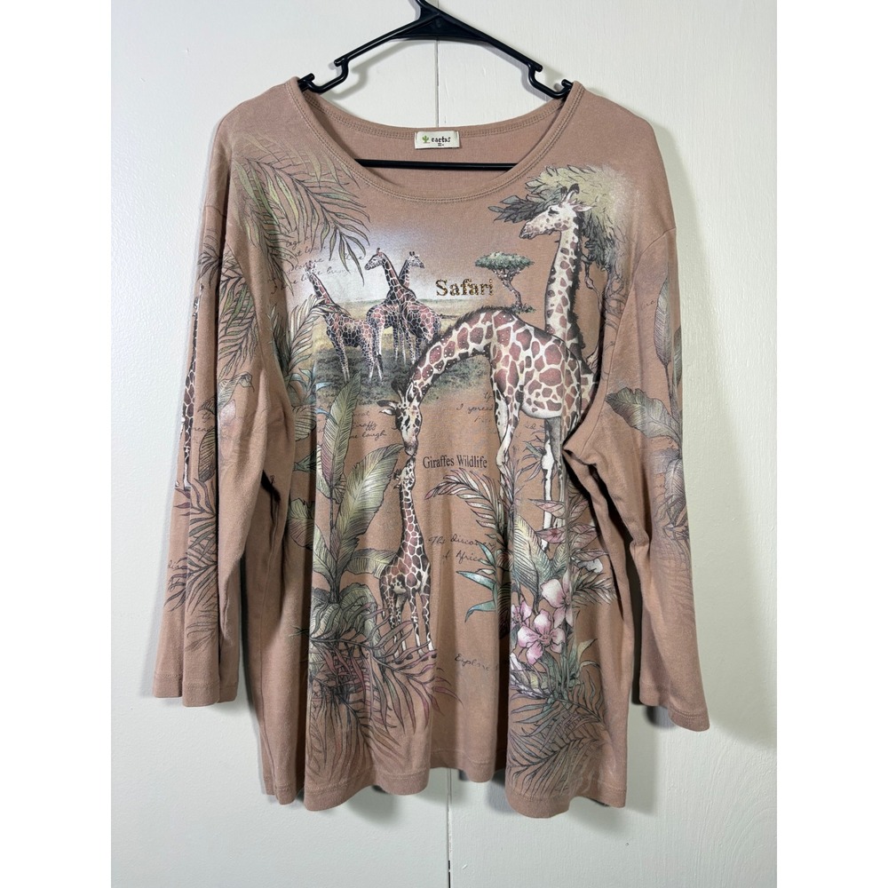 Cactus Safari Giraffe Graphic Top 3/4 Sleeve Tan Brown 3X Earthy Artsy Wildlife